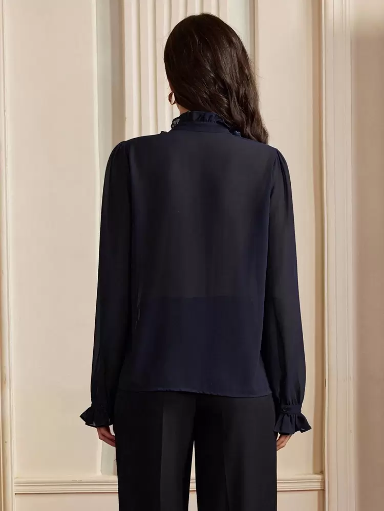 Old Money Women's Elegant Handmade Beaded Collar Decoration Flowy Lightweight Mint Leaf Trim Long Sleeve Blouse, Festival & Going Out