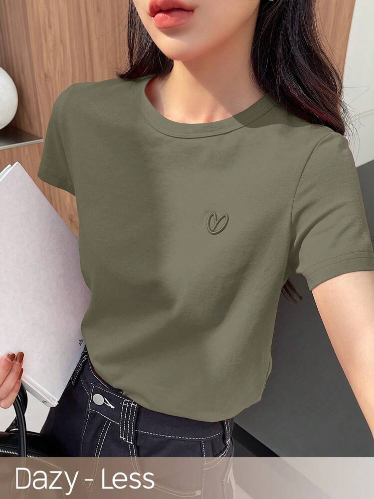 Simple Embroidered Heart Design Ladies Short Sleeve T-Shirt, Valentine's Day Summer,Business Casual Women