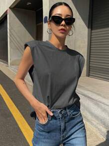 DAZY Solid Shoulder Pad Tee - Dark Grey - View 6