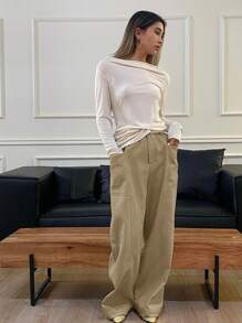 Livesso Quần ống đứng lưng cao co giãn màu trơn dành cho nữ, quần dài, có bảng màu tương phản, thu đông - Màu Khaki - Xem 4