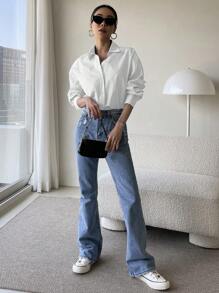 DAZY Button Through Pocket Front Drop Shoulder Shirt,Long Sleeve Tops,Back To School Clothes Fall - White - View 8