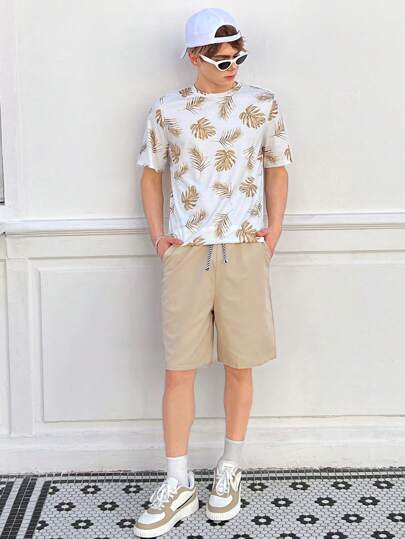 SHEIN Teen Boys' Casual Comfortable Knitted Leaf Printed Short Sleeve T-Shirt And Shorts, Summer
