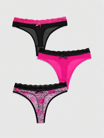 J-Fashion 3pcs/Pack Y2K Harajuku Style Leopard Lip Print Mesh & Lace Patchwork Women Thong Panties