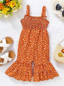 Baby Girls' Brown Vacation Casual Comfortable Floral Print Cami Wide Leg Jumpsuit - Brown - View 2