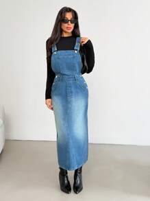 EURMUSE Sukienka ogrodniczka z jeansu oversize dla kobiet - Średni jeans - Zobacz 3