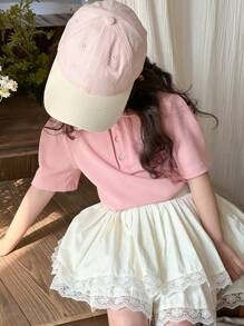 Dazy Kids Young Girl Knit Collar Embroidered Short Sleeve T-Shirt, Spring/Summer - Pink - View 3