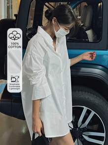 DAZY 女士纯色长袖衬衫，商务休闲风格 - 白色 - 查看 1