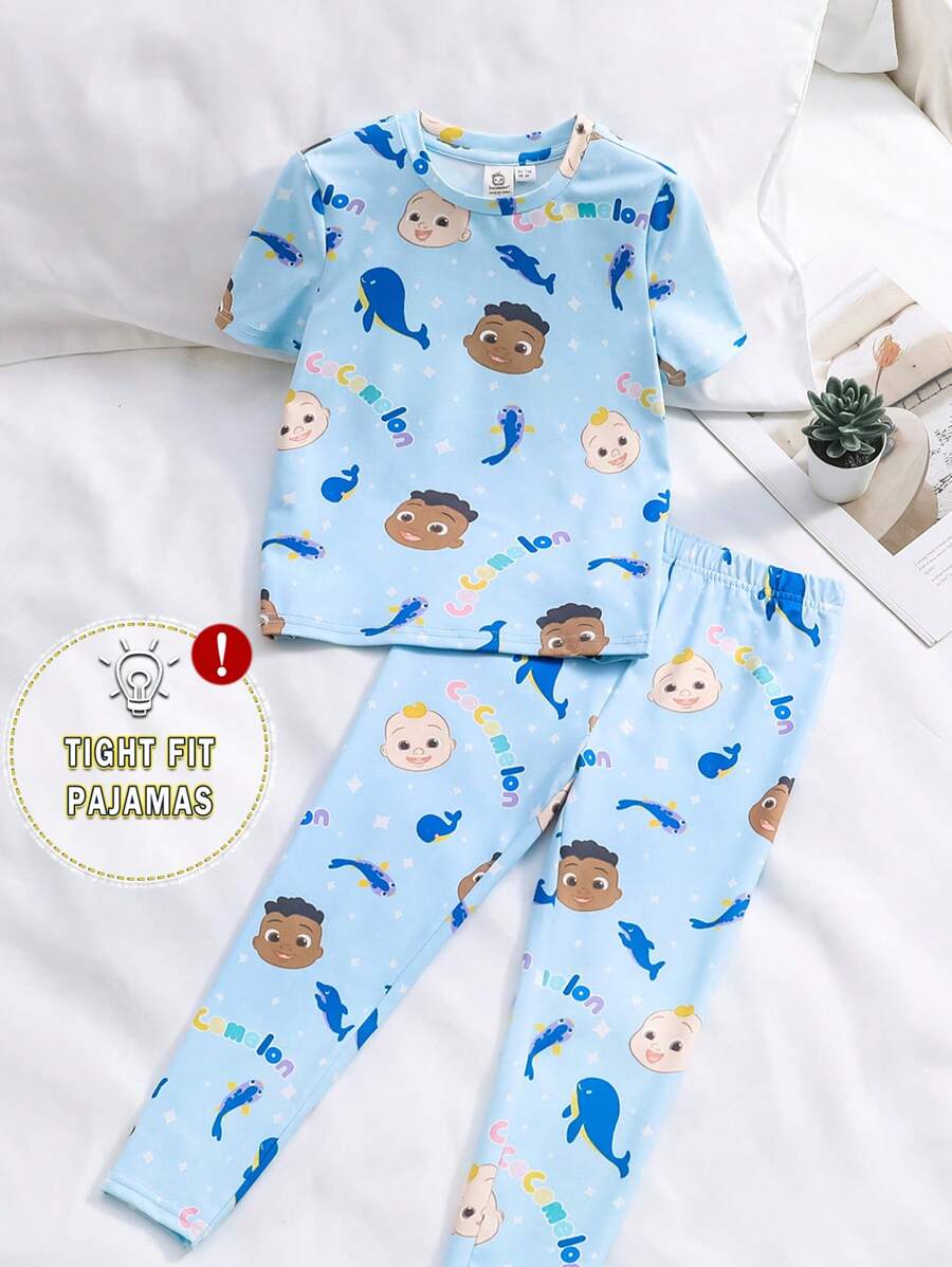 CoComelon X SHEIN Young Boy Whale Print Blue Ocean Cute Fresh Snug Fit Short Sleeve T-Shirt & Pants Comfort Pajamas Set - Blue and White - View 1