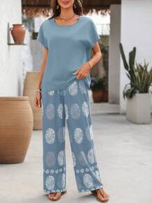 EMERY ROSE 2pcs Women Solid Round Neck Batwing Sleeve Top And Floral Print Pants 2 Pieces Set - Blue - View 5