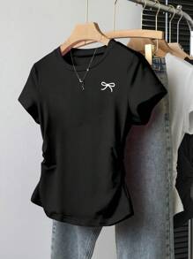 SHEIN Conjunto informal de 3 piezas para adolescentes que incluye camiseta con volantes en la cintura y estampado de moño