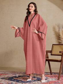 Al Najma Women's Traditional Turkish & Arabic Style Cut-Out Collar Batwing Sleeve Long Tunic Dress Modest, Kaftan - Red - View 7