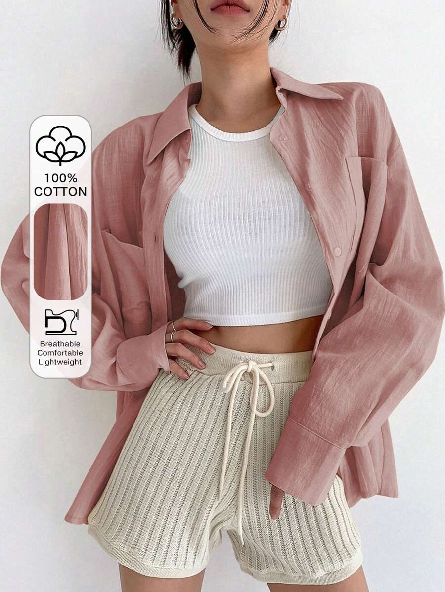 DAZY Áo sơ mi tay dài trễ vai cỡ lớn có hai túi - Hồng - Xem 1