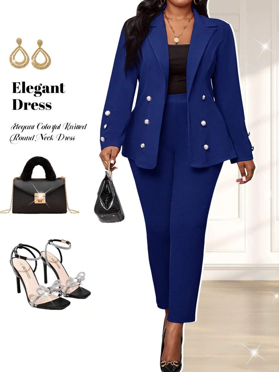 Fleurora 秋冬季优雅红色针织翻领纽扣长袖大码蓬蓬外套 - 藍色 - 查看 1