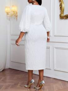 Fleurora 大码女式纯色圆领灯笼袖长款优雅连衣裙优雅秋冬优雅白色针织圆领飘逸长袖大码连衣裙化妆舞会礼服白色长袖连衣裙礼服情人节新年派对礼服 - 白色 - 查看 2