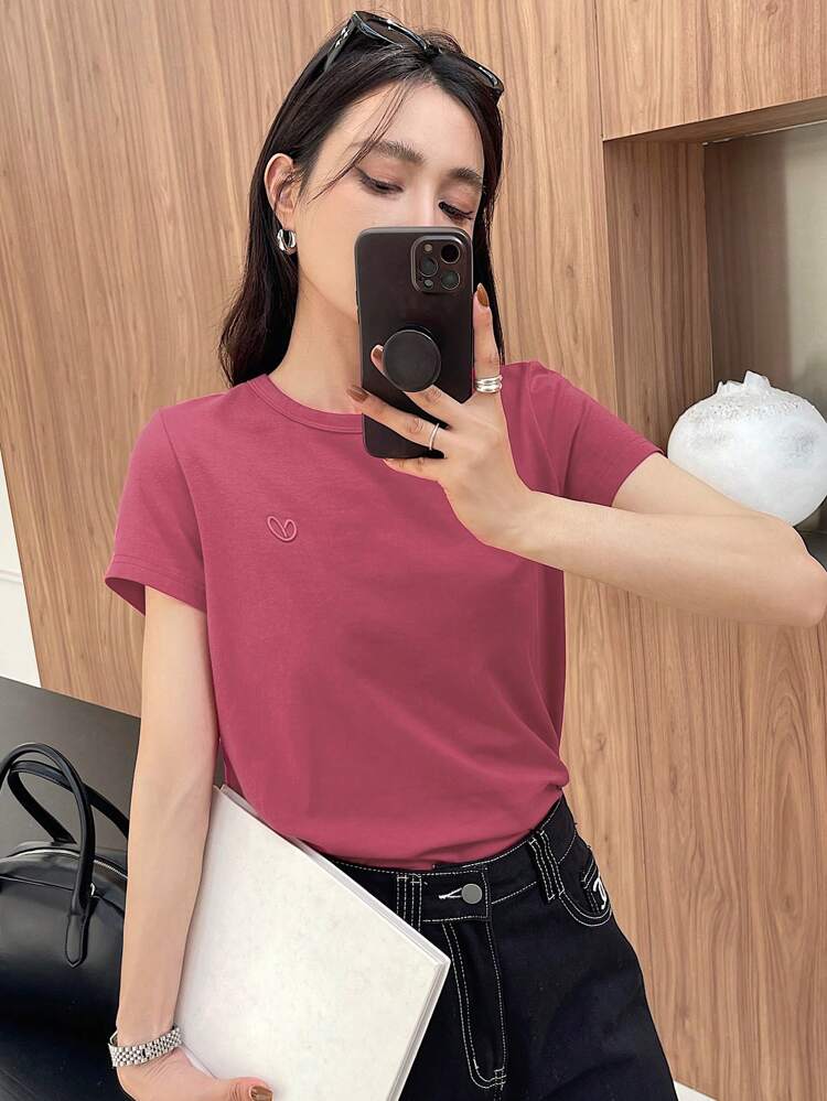 Valentine's Day Embroidered Heart & Letter Design Women Short Sleeve T-Shirt Summer,Business Casual Women