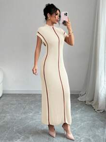 Elenzga 女士无袖高领紧身长款针织毛衣连衣裙，适合假期、秋冬季 - 杏色 - 查看 6