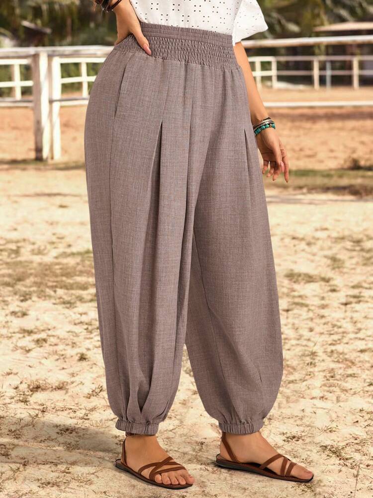 Plus Size Elastic Waist Pocket Ruched Lantern Pants Country Linen Spring For Women Summer For Women Boho Women Western Wear