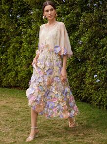 Anewsta 刺绣花卉 3D 网眼长披肩/围巾连衣裙，优雅节日外出度假装女士春季 - 淡紫色 - 查看 7