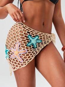 Swim Mod Trang phục mùa hè cho phụ nữ mùa xuân mới gợi cảm lưới cá móc 3D sao biển che phủ khăn choàng bãi biển cho phụ nữ - Màu be - Xem 5