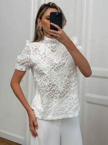 Aloruh Short Sleeve Cutout Collar Ladies White Blouse, Suitable For Weddings