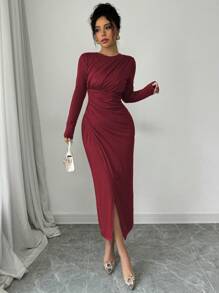 Elenzga Elegantes Damen Unifarben Arbeitskleid, figurbetonter Form, Rundhalsausschnitt, umklappbarem Kragen, Langarm, Bodycon-Stil, Maxikleid für Frühling/Herbst/Winter