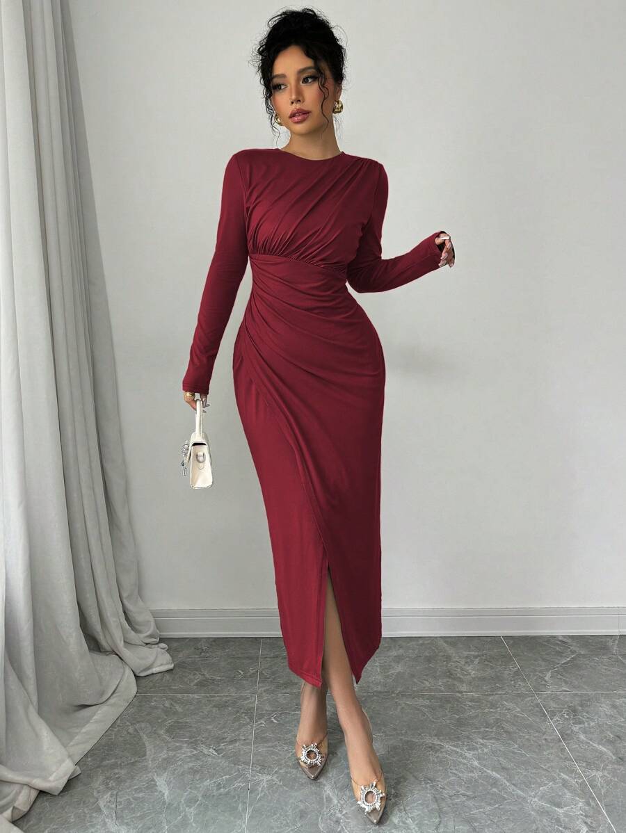 Elenzga Elegantes Damen Unifarben Arbeitskleid, figurbetonter Form, Rundhalsausschnitt, umklappbarem Kragen, Langarm, Bodycon-Stil, Maxikleid für Frühling/Herbst/Winter