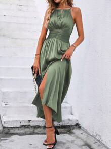 SHEIN Clasi 纯色开叉大腿缎面吊带连衣裙长款女装 - 綠色 - 查看 6
