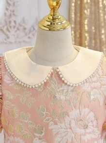 SHEIN 新款春冬女童提花正式派对礼服公主裙适合主持人、钢琴演奏、度假、夏季、旅行 - 粉色 - 查看 3