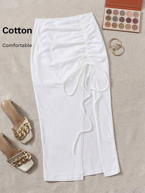 SHEIN VCAY Solid Ruched Drawstring Split Thigh Summer Women Beach Skirt