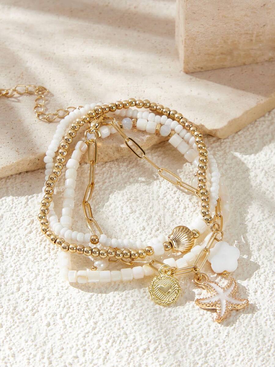 SHEIN SXY 多层女士手链套装，简约时尚，适合休闲和日常佩戴 - 白色 - 查看 1