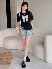 DAZY 女士夏季蝴蝶印花宽松短袖T恤带蝴蝶结可爱上衣、教师装