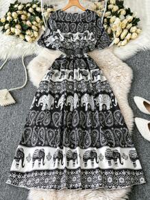 Breezaya Plus Size Women Bohemian Elephant Print Side Slit Dress With Drawstring Waist - Multicolor - View 2