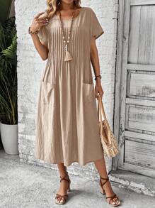 EMERY ROSE Women's Round Neck Short Sleeve Solid Color Pocket Minimalist Casual Dress