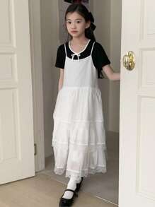 DAZY 青少年女孩纯色撞色蕾丝荷叶边下摆连体连衣裙，女孩夏季服装，返校服装 - 白色 - 查看 6