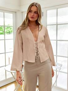 SHEIN VCAY 休闲纯色编织喇叭袖宽松常规女式衬衫 - 卡其色 - 查看 3