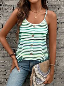 SHEIN LUNE Knit Multicolor Striped Women's Cami Top With Button Design Graphic Tees Women Tops
