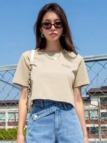 DAZY Slogan Graphic Round Neck Tee DO WHAT YOU WANT Summer,Crop Tops Women - Beige - View 5