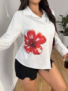 SHEIN EZwear 浪漫休闲罗纹花卉印花前扣腰收腰白色长袖衬衫，春夏 - 白色 - 查看 6