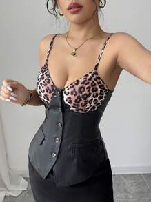 Elenzga Blusa de mujer con estampado de leopardo, patchwork y cuero, sexy y dulce - Negro - Ver 3