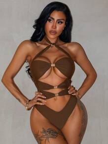 Swim SXY Women's Sexy Solid Color Hollow Metal Decor Halter Monokini Swimsuit, Summer - Coffee Brown - View 5