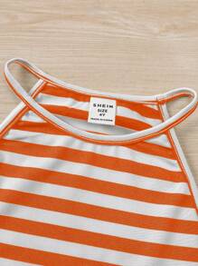 3 Pcs Young Girl Solid Color Knit Sleeveless Top And Striped Knit Sleeveless Top Set - Orange - View 4