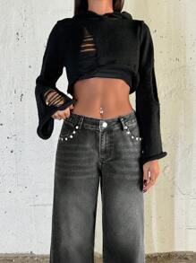 EURMUSE WOMEN WIDE LEG LOW WAIST JEANS - Light Grey - View 5