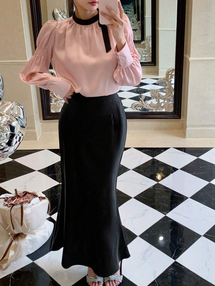 Women Casual Color Block Bowknot Long Sleeve 2 Pieces Set,Fall Clothes
