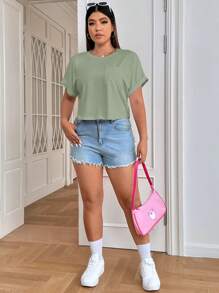 SHEIN EZwear Plus Size Casual Versatile Solid Color Short Sleeve T-Shirt - Green - View 5