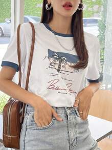 DAZY Letter & Palm Tree Print Contrast Binding Tee,Graphic Tees