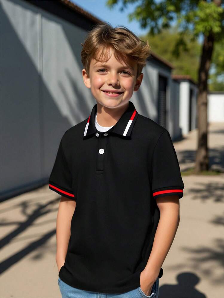 SHEIN Polo extragrande informal para niño Tween con cuello en contraste y patchwork de bloques de color - Negro - Ver 7