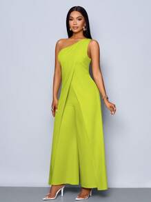 SOLERSUN 女士春夏时尚日常单肩无袖开衩阔腿连体裤 - 綠色 - 查看 3