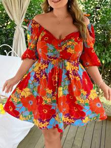 Flirla Große Größen Damen Freizeitkleid mit Blumenmuster, Puffärmeln, Kordelzug-Kragen und Webbindung