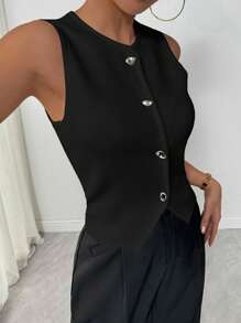 Chiquease Asymmetrical Button Design Women Knitted Cardigan Top - Black - View 3