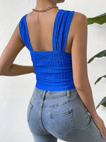 Chiquease Women Solid Color Textured Cropped Fitted Tank Top With Thick Straps - Blue - View 2